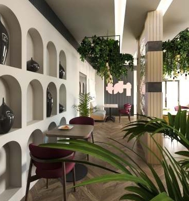 Main Avenue lobby with white archways